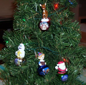 "Rudolph the Red-Nosed Reindeer" ornaments on my little tree